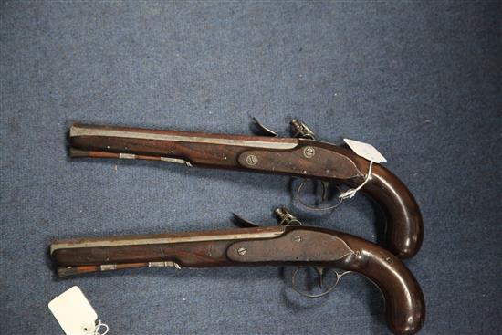 A pair of late 18th century flintlock holster pistols, 15in.